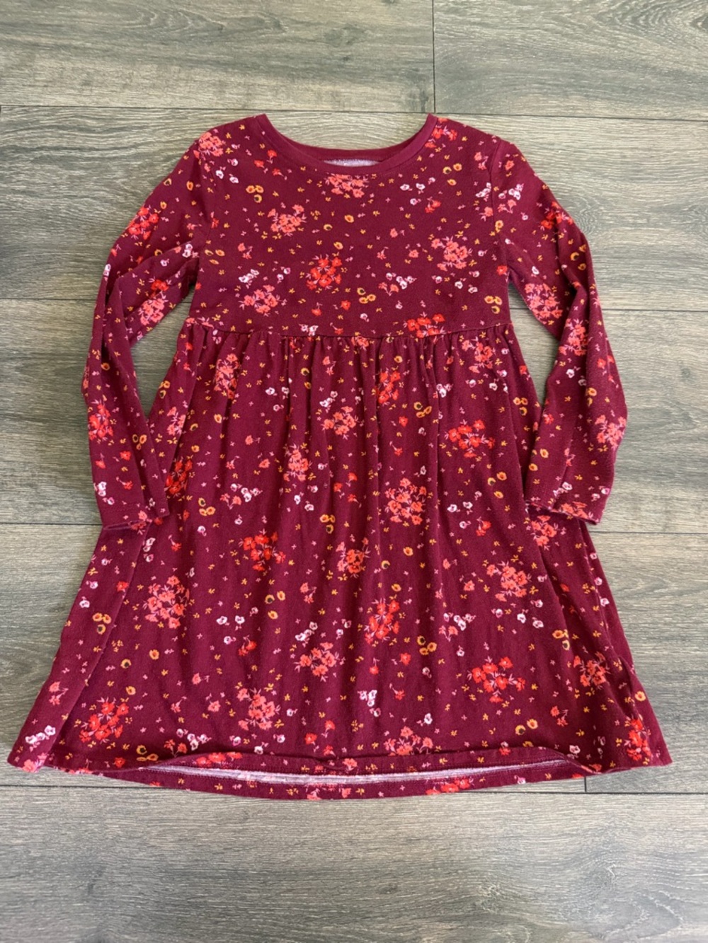 Sz t 5Girls' Burgundy Floral Long-Sleeve Dress